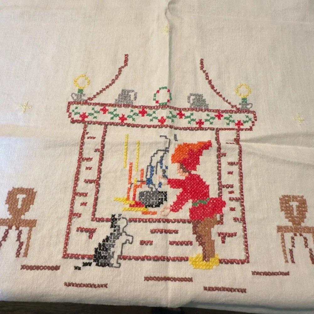 Vtg Tablecloth Embroidered Christmas Gnome Folk Art Linen 49x54 Scandinavian